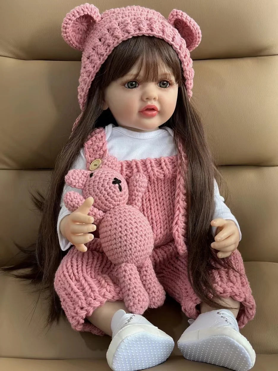 BZDOLL 55cm 22inch Lifelike Reborn Baby Girl Doll Soft Silicone Long Brown Hair Realistic Princess Toddler Bebe Birthday Gift