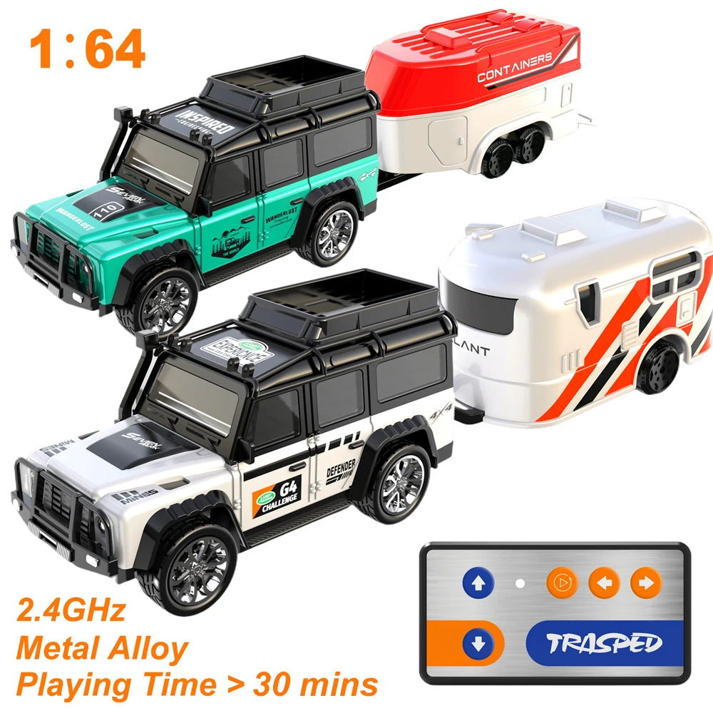 1:64 Metal Alloy Proportional Remote Control Vehicle Model 2.4GHz Mini Simulation RC Car With Trailer