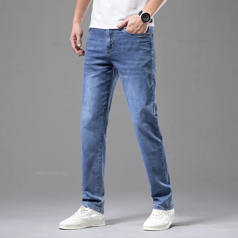 2024 Summer Thin Men's Elastic Cotton Jeans Fashion Gray Comfortable Business Straight Casual Pants High Quality Brand Trousers