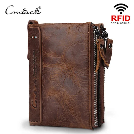 CONTACT'S HOT Genuine Crazy Horse Cowhide Leather Men Wallet Short Coin Purse Small Vintage Wallets Brand High Quality Designer