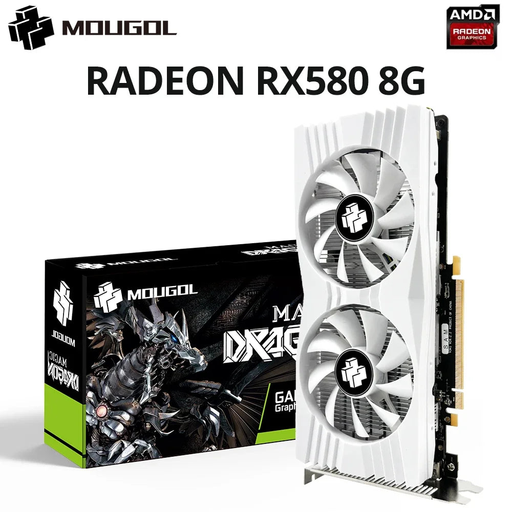 بطاقة رسوميات MOUGOL AMD Radeon RX580 8G بذاكرة GDDR5 وبطاقة ألعاب فيديو متوافقة مع PCIE3.0x16 HDMI-DVI لأجهزة الكمبيوتر المكتبية