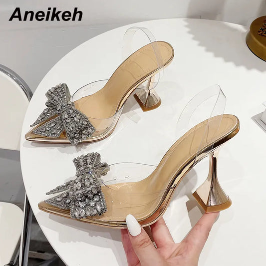 Aneikeh 2023 Summer Women Fashion Shoe Sexy High Heel Ankle Slingbacks Buckle Strap Pointed Toe Butterfly-Knot Decoration Pumps