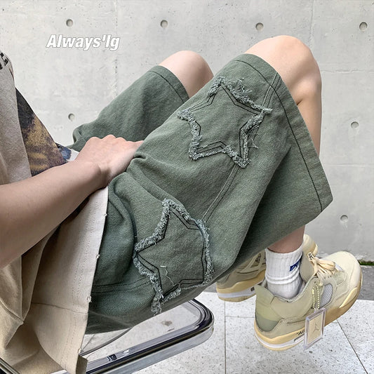 Star Patchwork Shorts Men Vintage Denim Summer Basic Simple All-match Hot Sale High Waist Leisure Ulzzang Streetwear Chic Shorts