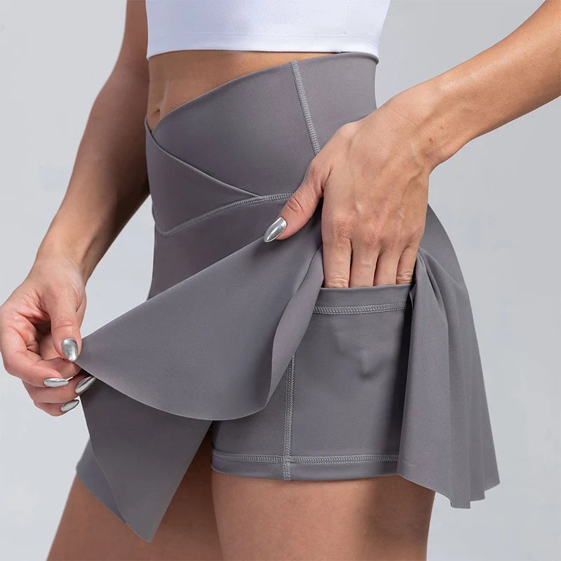 Women Pleated Tennis Skirt with Pockets Shorts Athletic Skirts Crossover High Waisted Athletic Golf Skorts Workout Sports Skirts