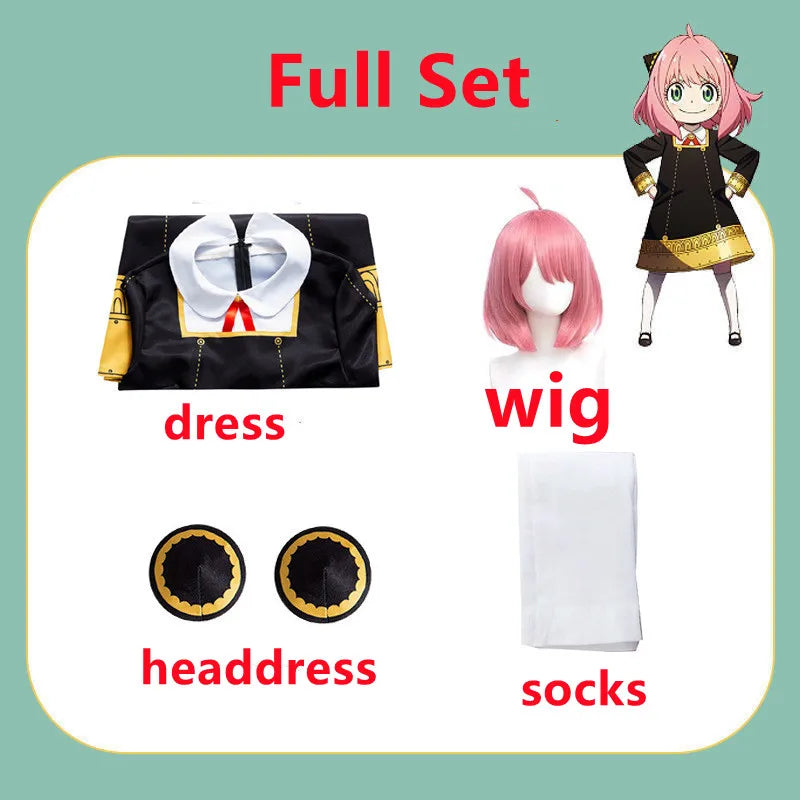 Anime SPY FAMILY Anya Forger Cosplay Costume Toddler Kids Anya Cospla Kawaii Black Dress Party Clothes Wig Halloween Women Girl