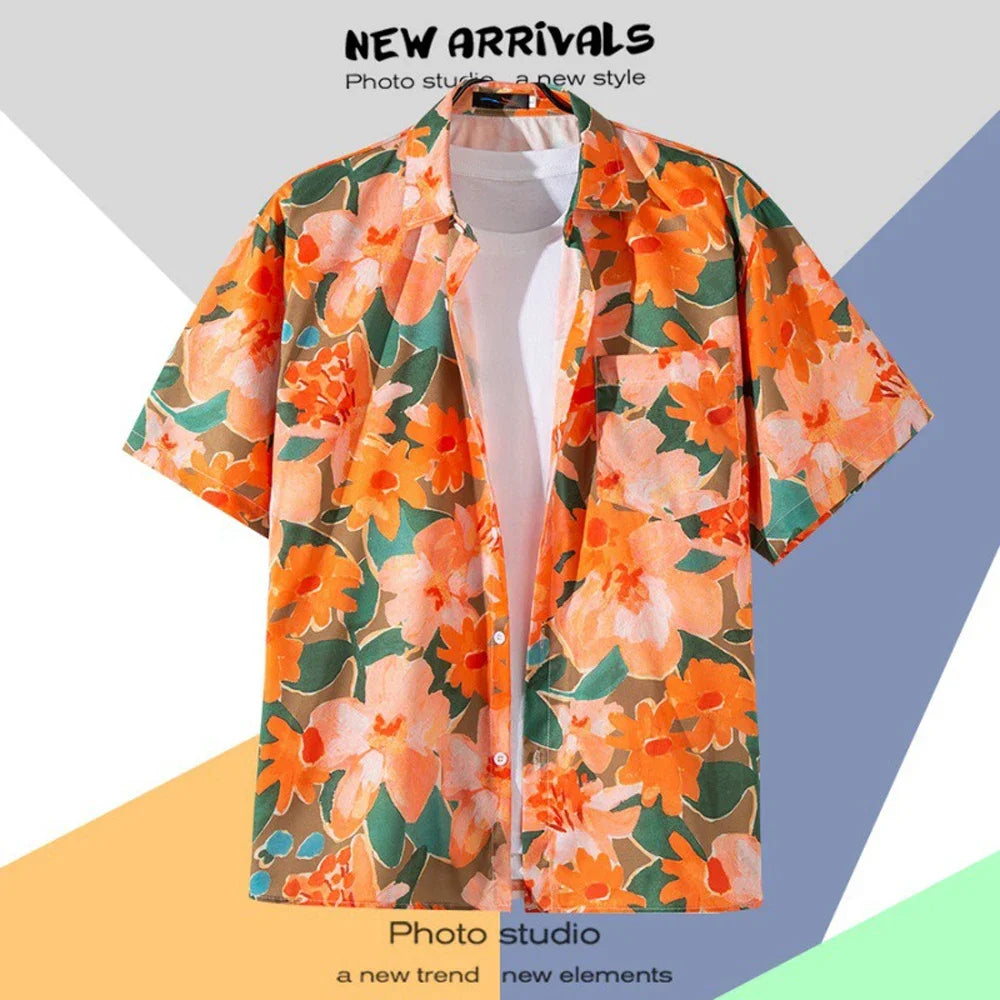 Men's Hawaiian Shirt Retro Printing Single-breasted Beach Short-sleeved T-shirt Summer Holiday Masquerade Men's Clothing