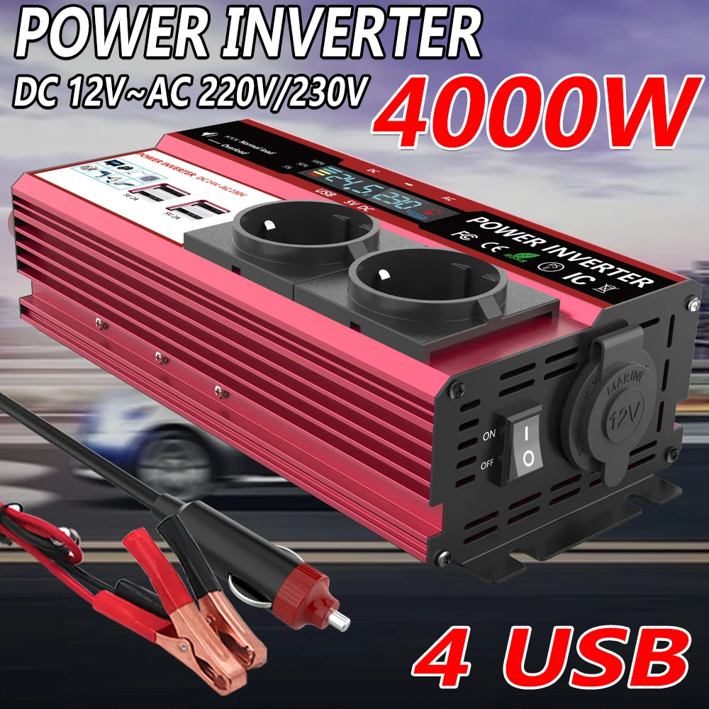 12V To 220V 4000W Power Inverter LCD Display EU Socket Solar Inverter Dual USB Fast Charging for Phone Laptops Car