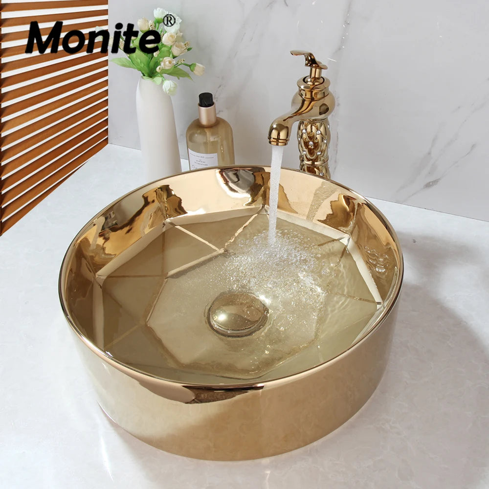 Monite Golden Plated Ceramic Round Bathroom Combine Faucet Set Lavatory Washbasin Sink Diamond Setting Mixer Faucet w/ Pop Drain