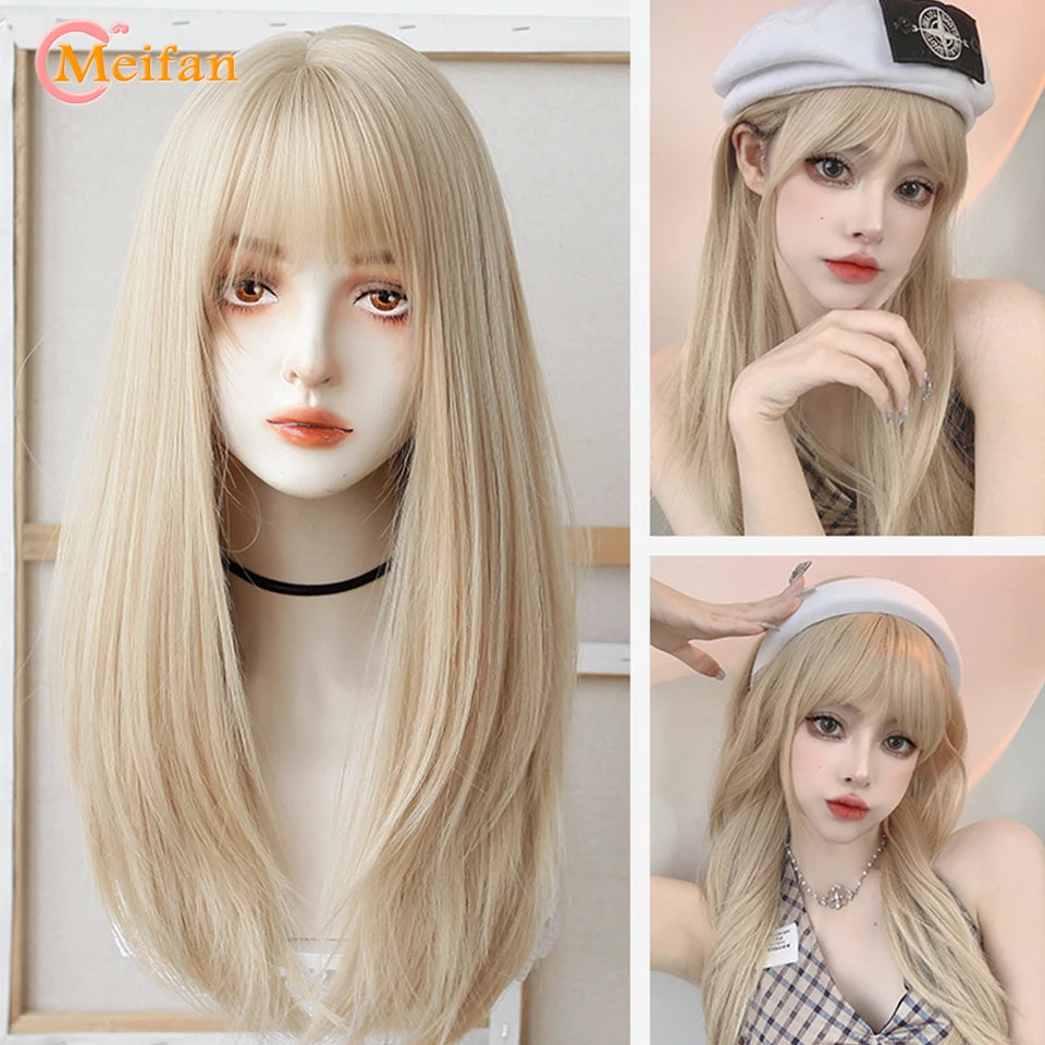 MEIFAN Synthetic Long Straight Lolita Wig with Bangs Wig Girl Cute Ombre Pink Blonde Black Cosplay Party Halloween Harajuku Wig