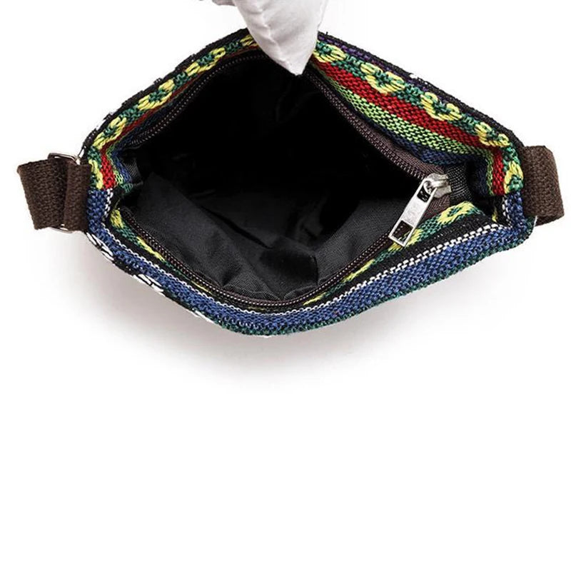 Women Small Canvas Embroidered Phone Shoulder Bag Retro Ethnic Style Travel Outdoor Messenger Crossbody Bag