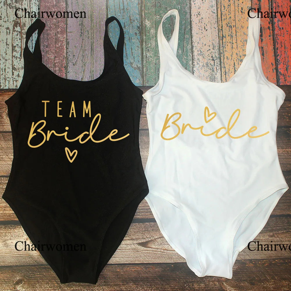 S-3XL Gold Print Team Bride One-Piece Swimsuit Squad Women Swimwear Bachelorette Party Swimsuit Summer Beatchwear Bathing Suit