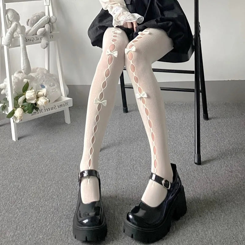 Lolita Cosplay Girls Bowknot Hollow Out Pantyhose Sexy Thin Ins Tide Lace Tights Anime Socks Black White Fishnet Silk Stockings