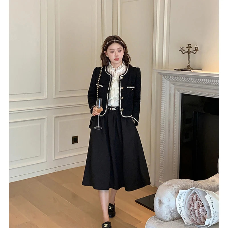 MEXZT Vintage Jackets Women Black Tweed Cropped Coat Korean Elegant Thicken Single Breasted Blazer Casual Short Outerwear Tops