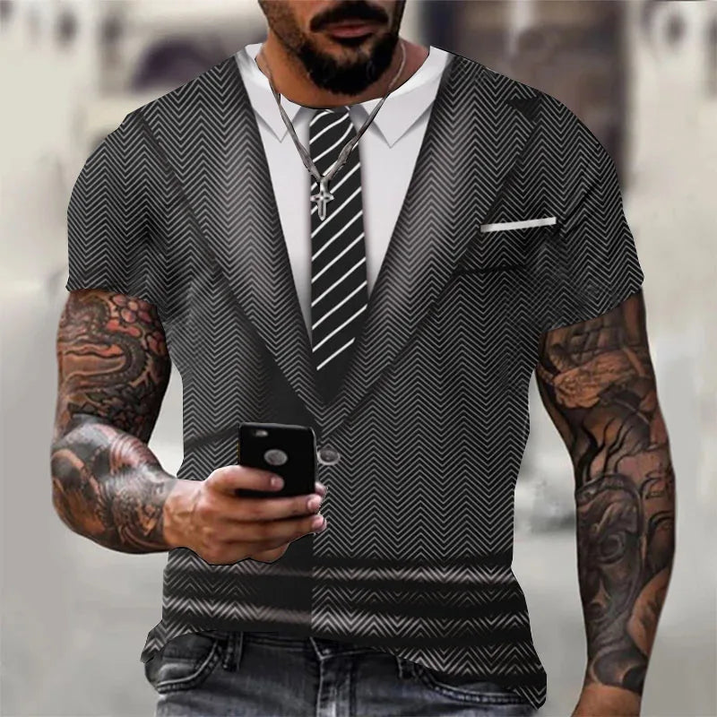 Fashion Men's T-shirts 3d Print Suit And Tie Pattern Plain Short Sleeved T-shirt For Men's Clothing High Street Streetwear Tops