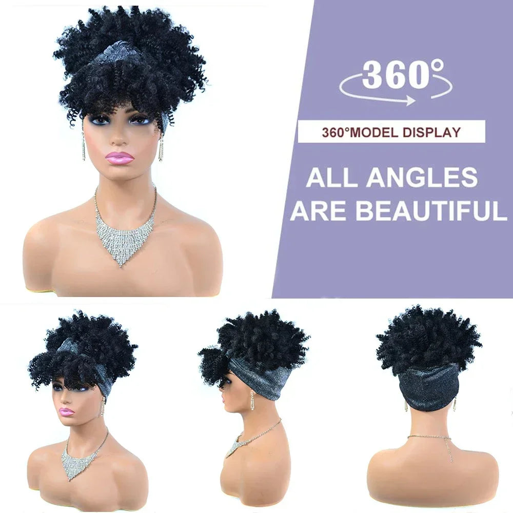 Short Kinky Curly Headband Wigs  Afro Puff Curly Headband Wig For Women Natural Synthetic Turban Wrap Wig  Cosplay Daily Use