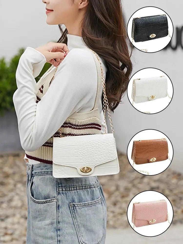 Stone Shape Pattern Square Bag Metal Chain and Lock Large Capacity Shoulder Crossbody Bag for Women