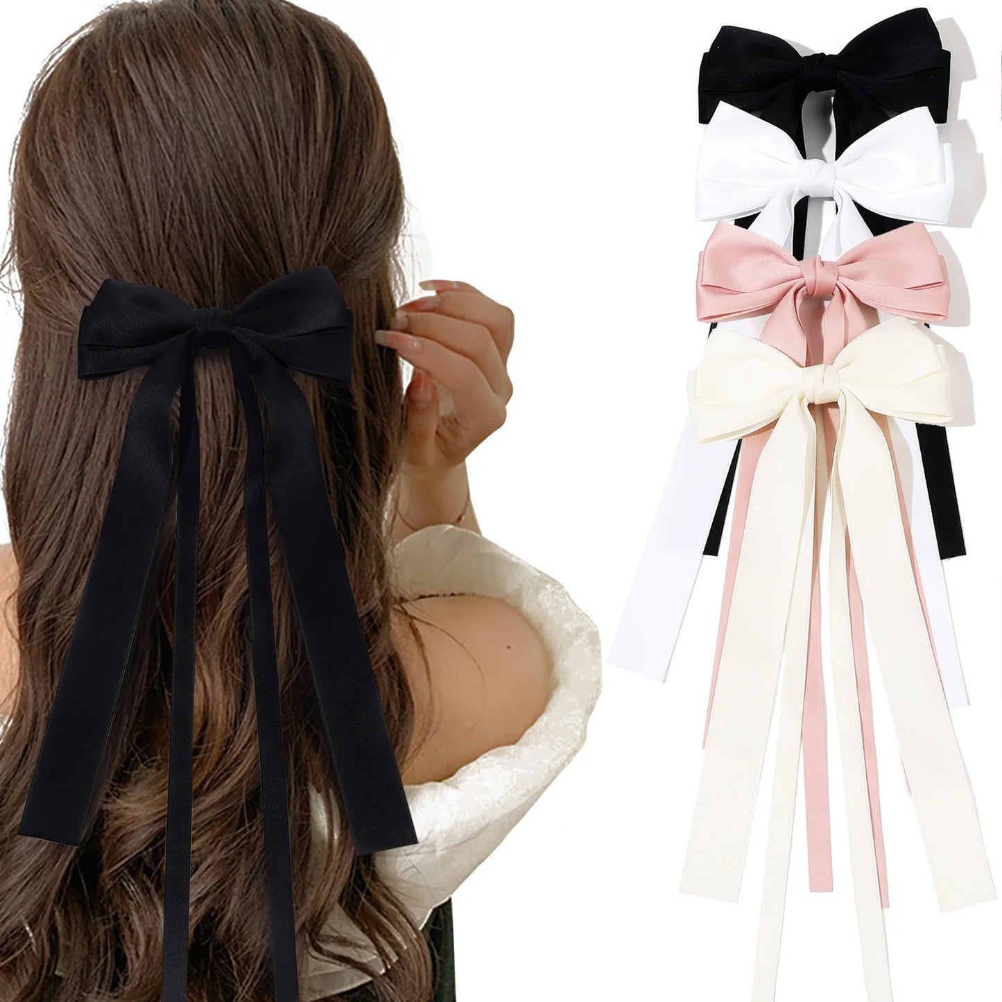 Korean Solid Color Ribbon Double Bowknot Hair Clips for Women Girls Trendy Big Bow Long Tassel Silver Barrettes Pin Accessories