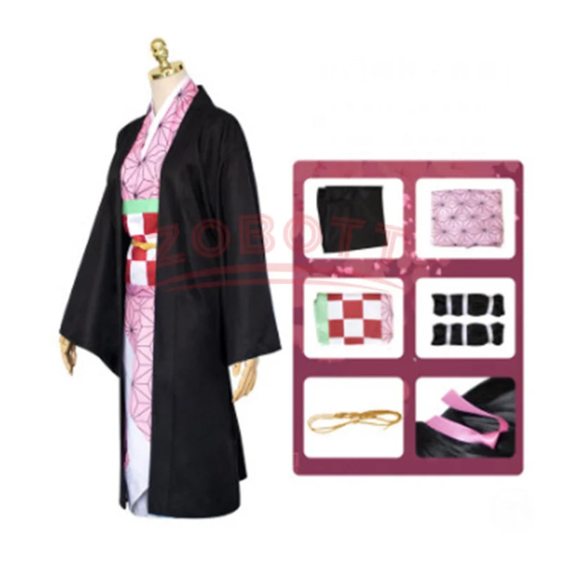 Anime Demon Slayer Nezuko Cosplay Costume Kimono Kimetsu No Yaiba Kamado Nezuko Costume Wig Womens Girls Kimono Uniform Clothes