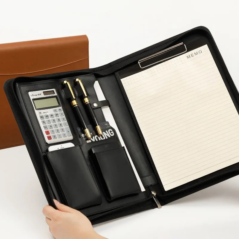 University A4 Leather Portfolio Folder for Document Holder Desk Organizer Man Executive Briefcase Zippered Calculator for Office