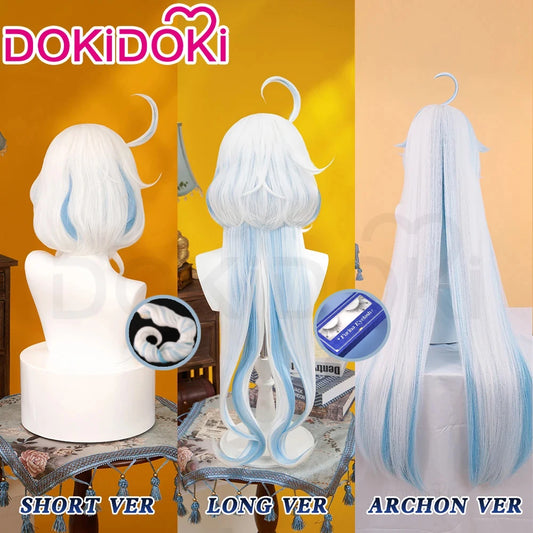 متوفر في المخزن شعر مستعار من لعبة Genshin Impact Cosplay من Focalors من DokiDoki Fontaine Furina Hydro للنساء باللون الأزرق من Furina رموش من الخرز