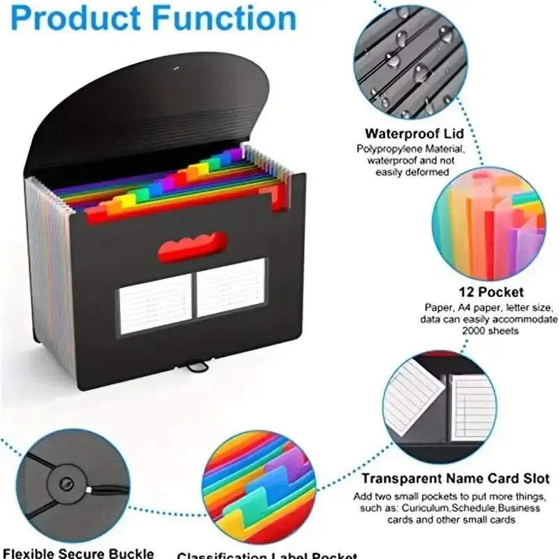 Expanding File Folder 12 Pockets A4 Size Filing Folder Organizer Large Capacity Portable Accordian File Box for Classroom Office