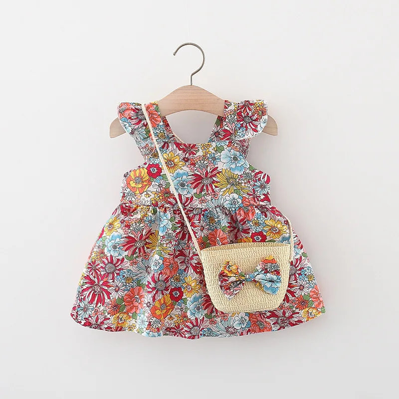 Summer Baby Girl's Dress New Vintage Garden Flower Flying Sleeve Dress with Straw Bag