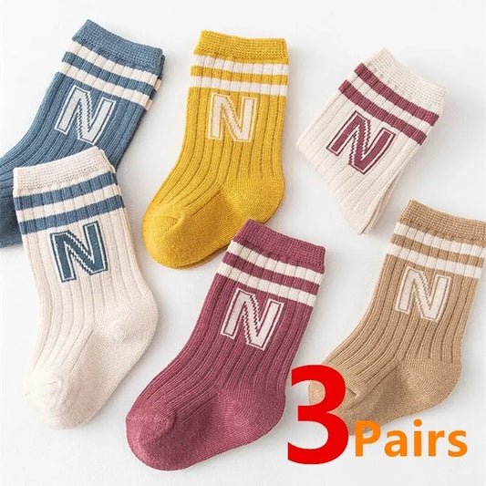 3 Pairs Baby Letter Socks Knit Soft Cotton Sock Kids Long Knee High Socks Infant Toddler Baby Boys Girls Cute Stripe Socks