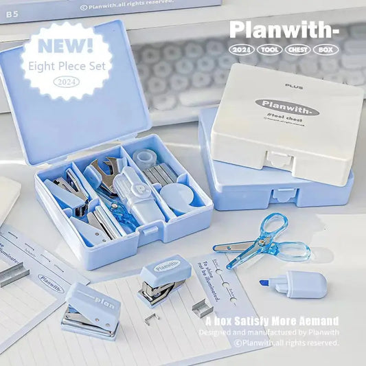 1 Box of Planwith Multifunctional Efficiency Eet Tool Box 8-Piece Punching Machine Stapler Scissor Tape Machine Hand Ledger