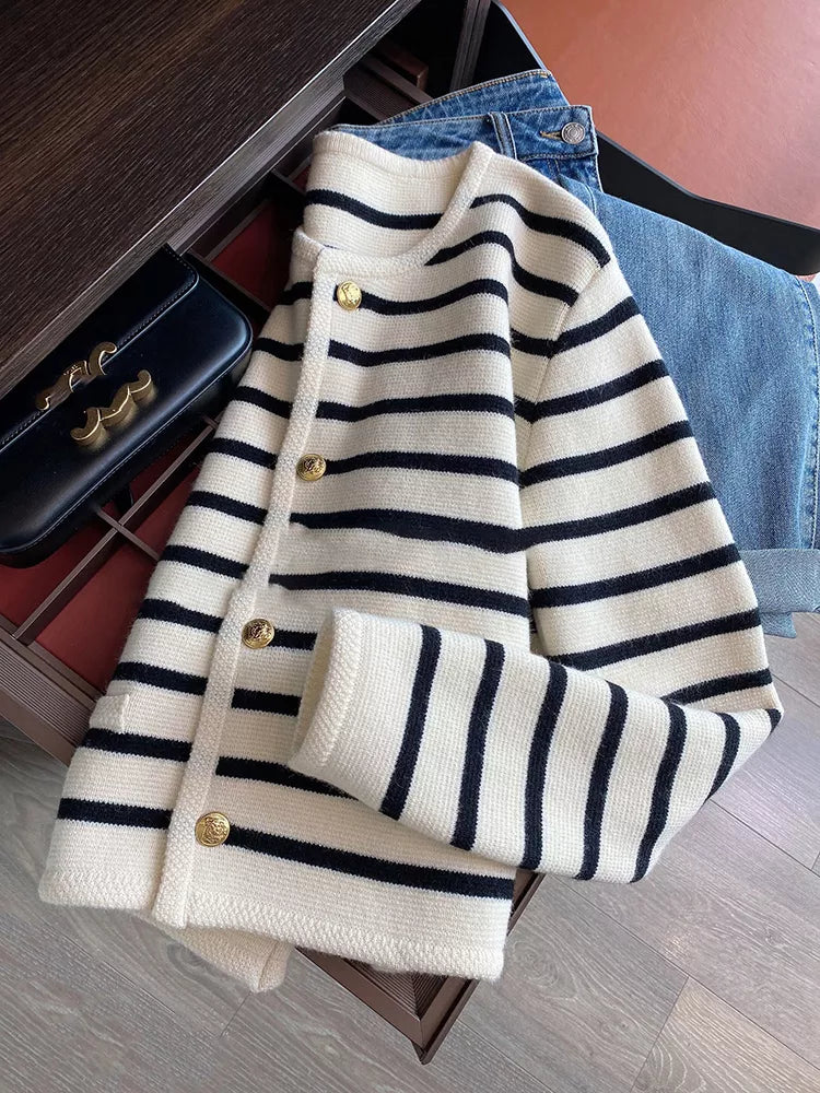 Women Spring Autumn Sweaters O-neck Stripe Knitted Cardigan Fashion Long Sleeve Casual Short Tops Korean Style New