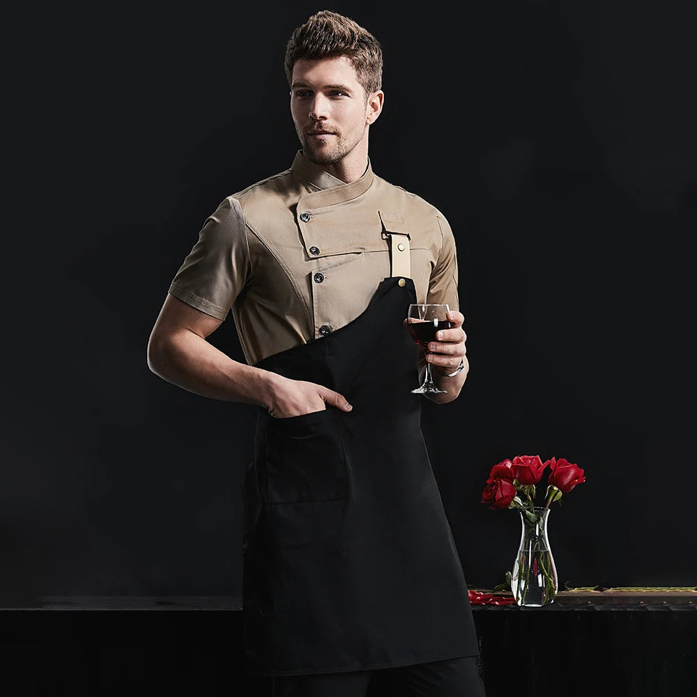 Khaki Chef Uniform Catering Workwear Head Chef Shirts Cooking Coat Chef Jacket Summer Restaurant Barber Shop Waiter Shirt Apron