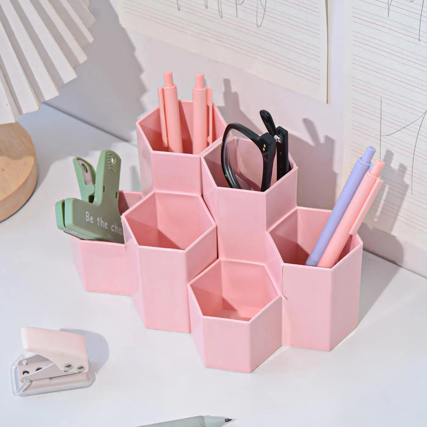 Large Capacity Hexagonal Desktop Organizer Pen Container Holder Storage Pencil Cup 3 Slot Stand School Office Supplies