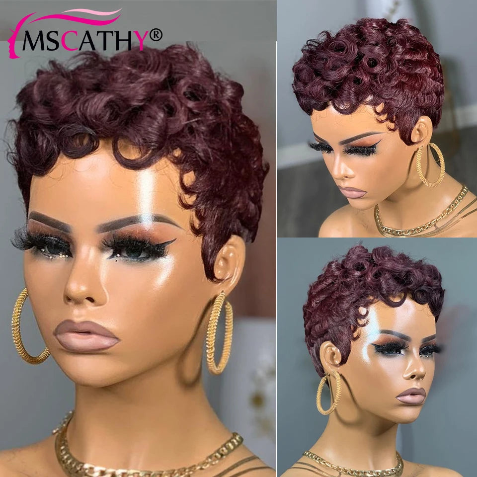 Ginger Pixie Cut Human Hair Wigs For Women Brown Curly Short Bob Full Machine Made Wig 99J Glueless Brazilian Virgin Hair Wigs