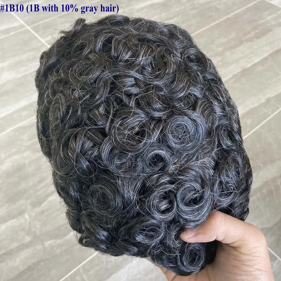 Full Skin Base 20mm Curly Human Hair Men's Toupee Durable Prosthesis System Black/Brown Hair Piece 130 Density Natural Frontline