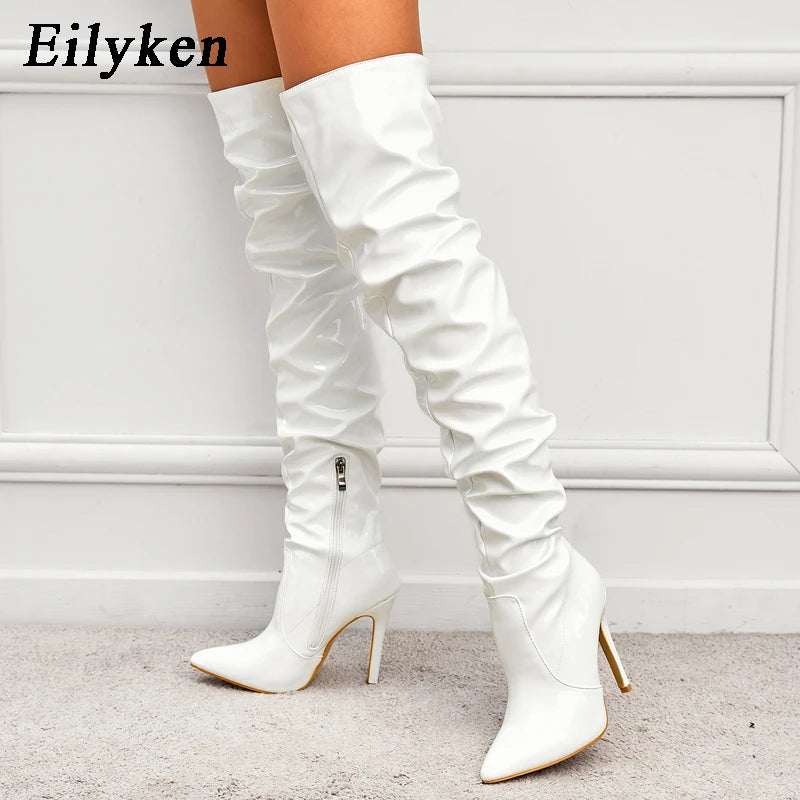 Eilyken Red Women Over The Knee Boots High Heels Patent Leather Solid Pointed Toe Stiletto Side Zipper Sapatos Femininos