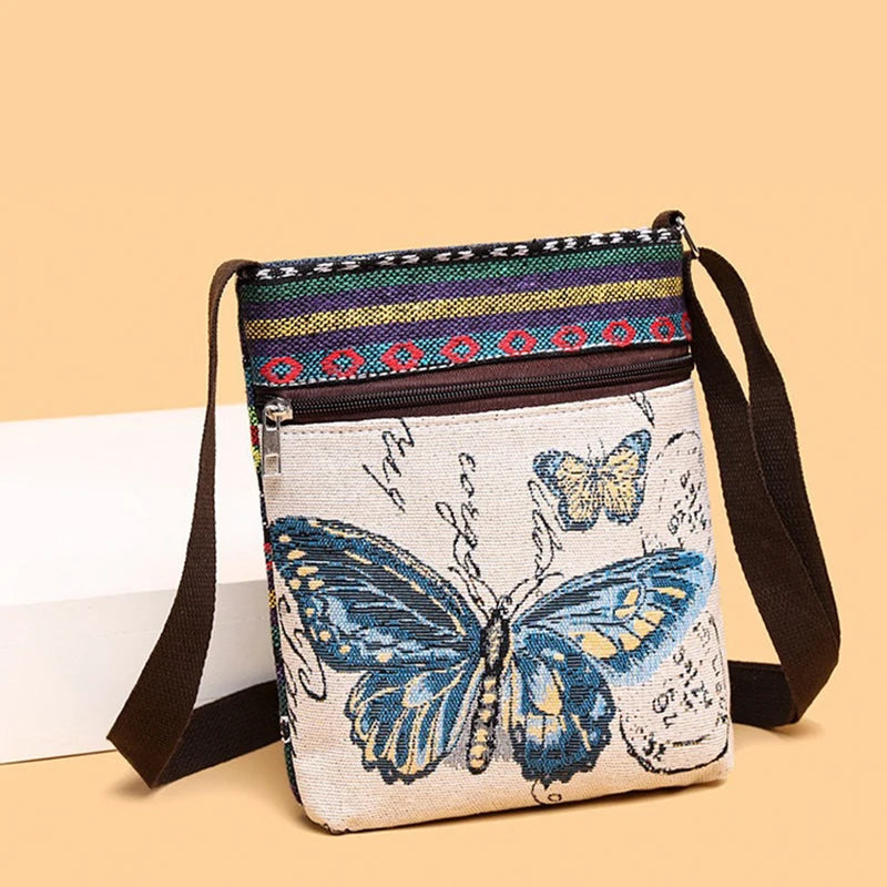 Women Small Canvas Embroidered Phone Shoulder Bag Retro Ethnic Style Travel Outdoor Messenger Crossbody Bag