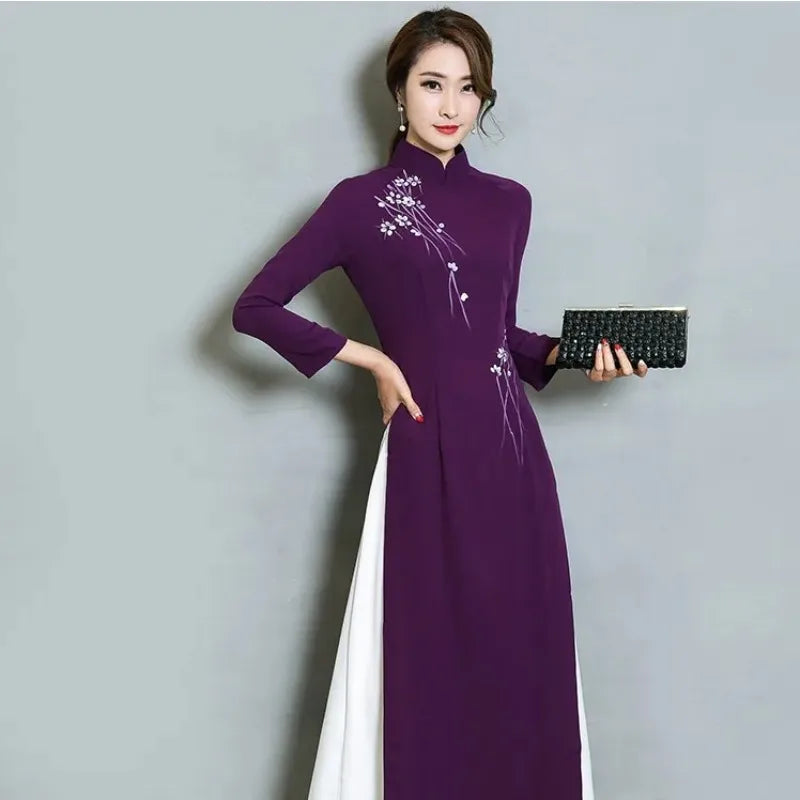 ملابس نسائية من البوليستر بتصميم خريفي جديد لعام 2024 مقاس كبير من Ao Dai Asia &amp; Pacific Islands Clothing M-2XL