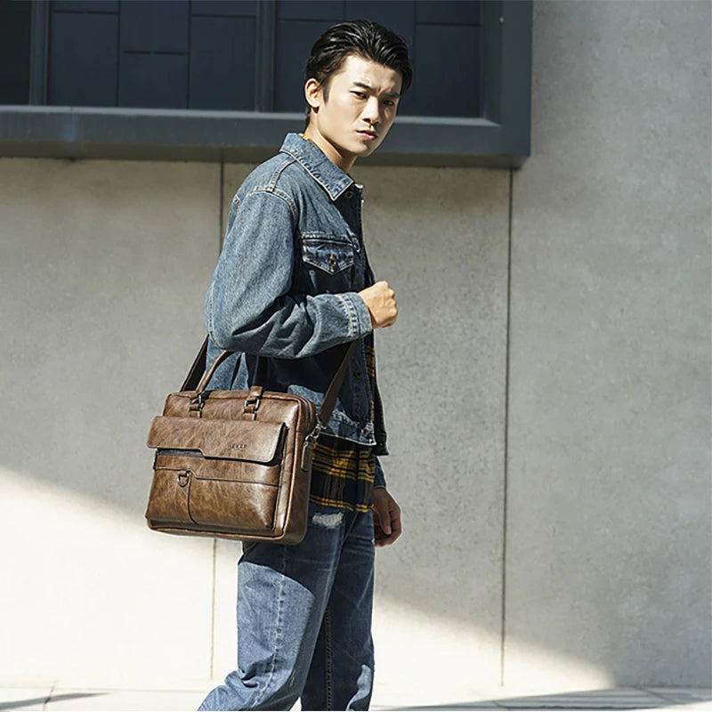 Men'S Briefcase Bag PU Leather Vintage Laptop Handbags Computer Shoulder Business Tote Messenger Breifcases Bag Male Husband