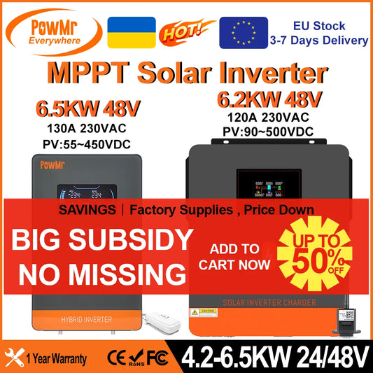 PowMr 6.5KW 4.5KW 6.2KW 4.2KW Hybrid Solar Inverter 48V 24V to 230VAC With Wifi MPPT 150A 130A 120A Charger Can Work No Battery