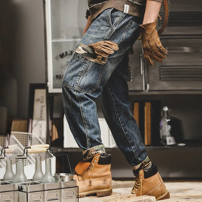 New Spring Autumn Vintage Big Pocket Male Fashion Denim Work Wear Cargo Casual Korean Hip-hop Baggy Jeans Men Overalls Trousers