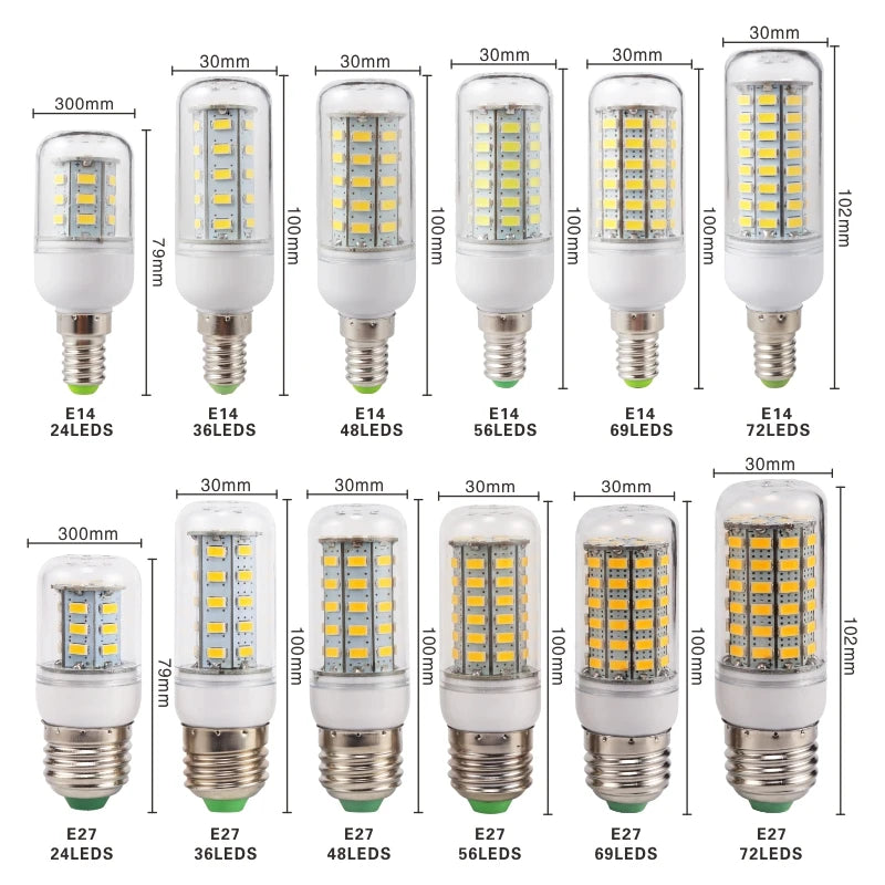 لمبة ذرة LED E27 E14 24 36 48 56 69 72 LED SMD 5730 220 فولت Lampada LED Lamp Chandelier Candle Light LED Bombilla