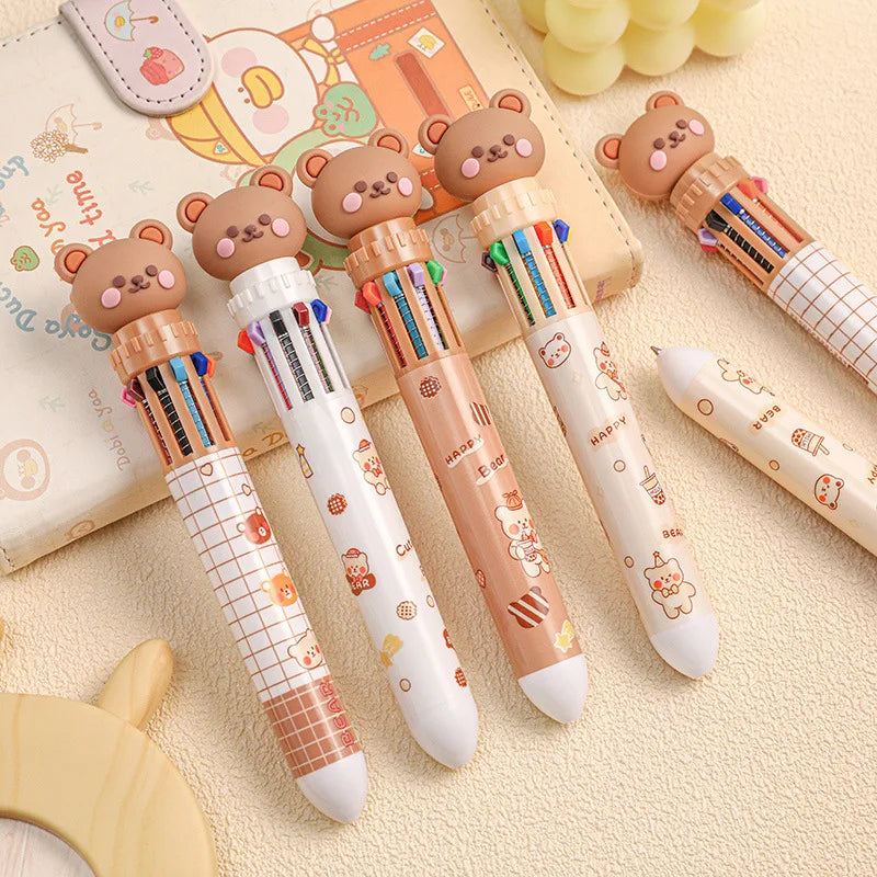 10 Colors Ballpoint Pen Cartoon Bear 0.5mm Colorful Ink Gel Pens Silicone Kawaii Pens School Office Supplies Korean Stationery