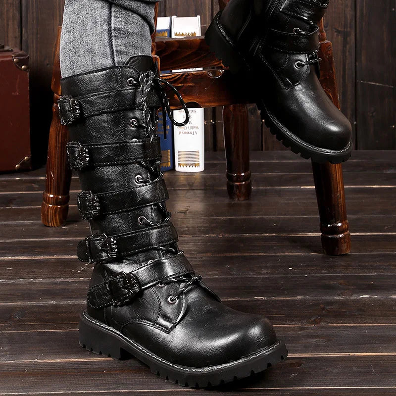 New Men's Leather Motorcycle Boots Military Boots Gothic Belt Punk Boots Men's Shoes Outdoor Tactical Military Boots