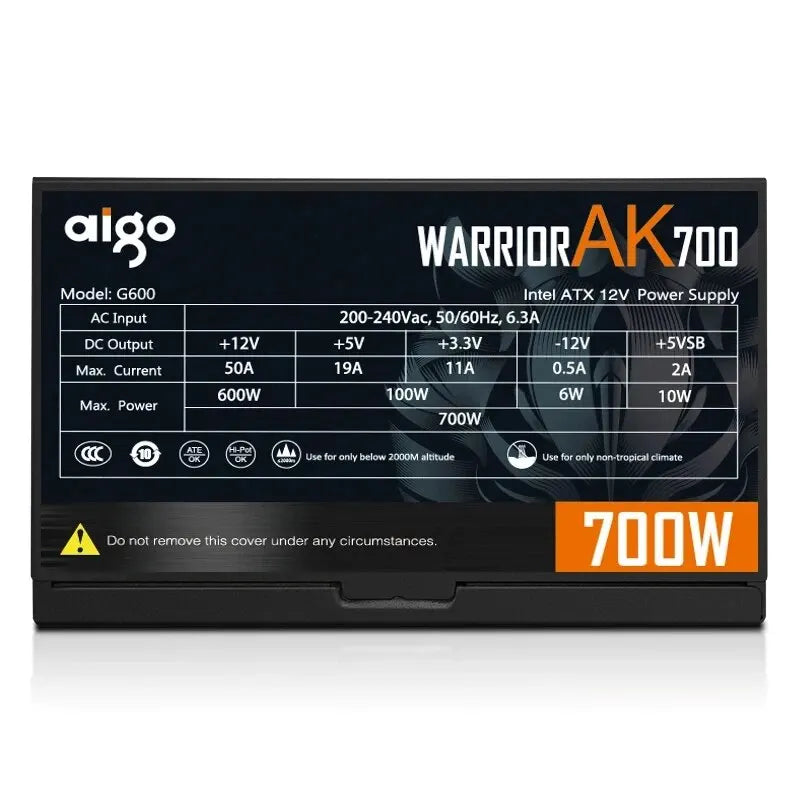 Блок питания ПК Aigo AK 700 Вт, черный, игровой, тихий, 120-мм, RGB-вентилятор, 24-контактный, 12 В, ATX, блок питания для настольного компьютера BTC