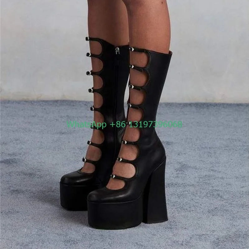 Thick Sole Black Hollow Calf Boots Side Zipper Rough Square Heel Pole Dance Shoes Super Heel Sexy Boots Large Size Footwear