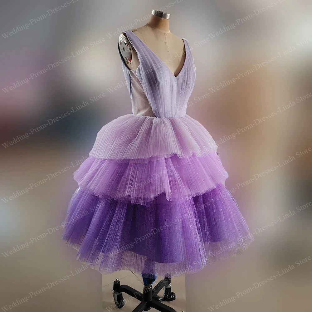 Purple Tiered Homecoming Dresses for Girls Women V-Neck Sleeveless Knee-Length Elegant Party Birthday Special Events Dress 2024