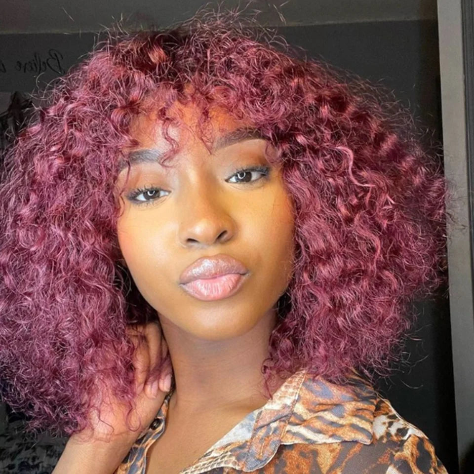 Jerry Curly Short Cut Piexie Remy Human Hair Bob Bangs Wigs Glueless Honey Blonde Ombre Burgundy Ginger 99J Wig For Black Women