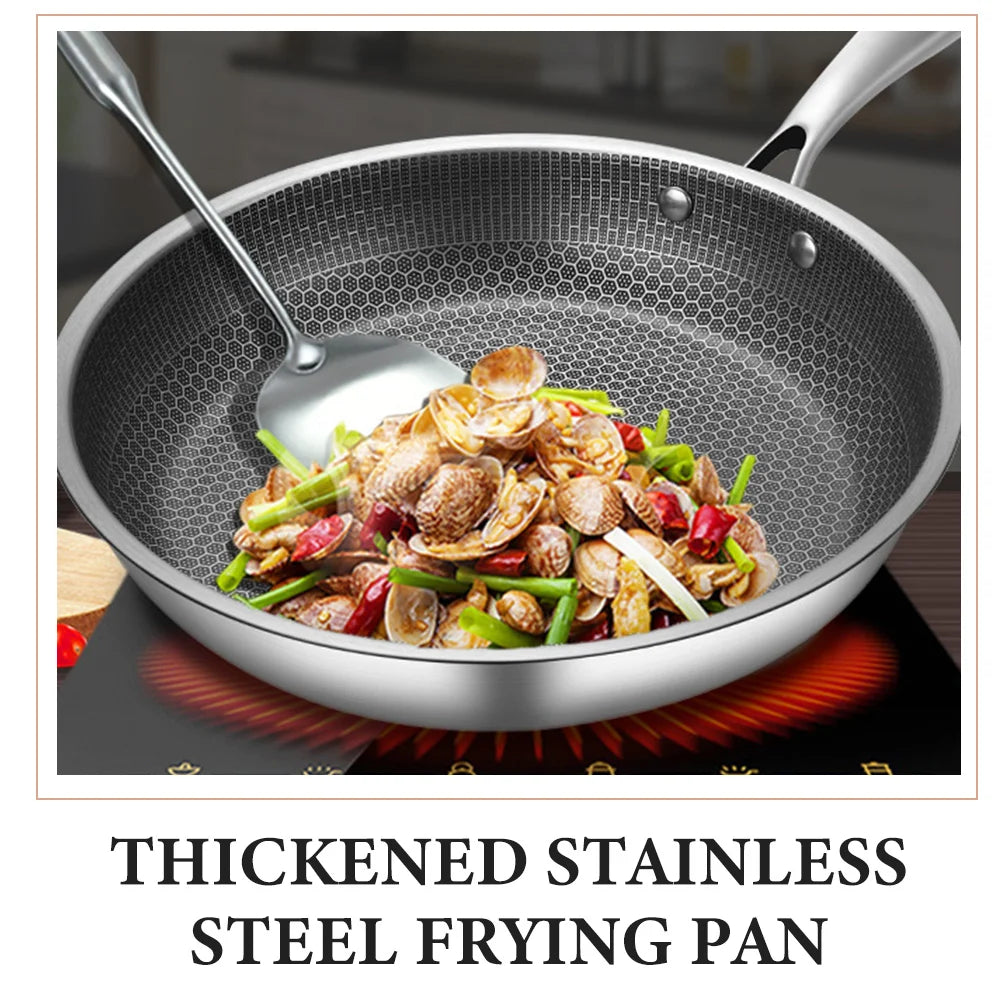 Pan Wok Frying Skillet Honeycomb Cooking Nonstick Induction Flat Stir Kitchen Fry Stainless Stove Steel Bottom Saute Gas