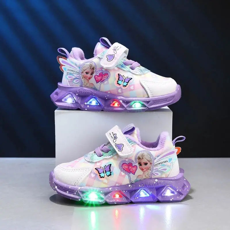 Disney LED Casual Sneakers For Spring Girls Frozen Elsa Princess Print Pu Leather Shoes Children Lighted Non-slip Pink Purple