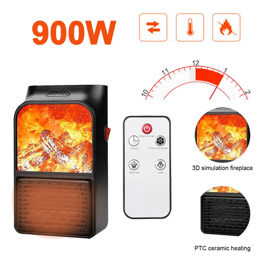 3D Flame Mini Electric Stove Heater 900W Portable Stove Warm Heater with Remote Plug in Wall Warmer for Winter Home Bedroom