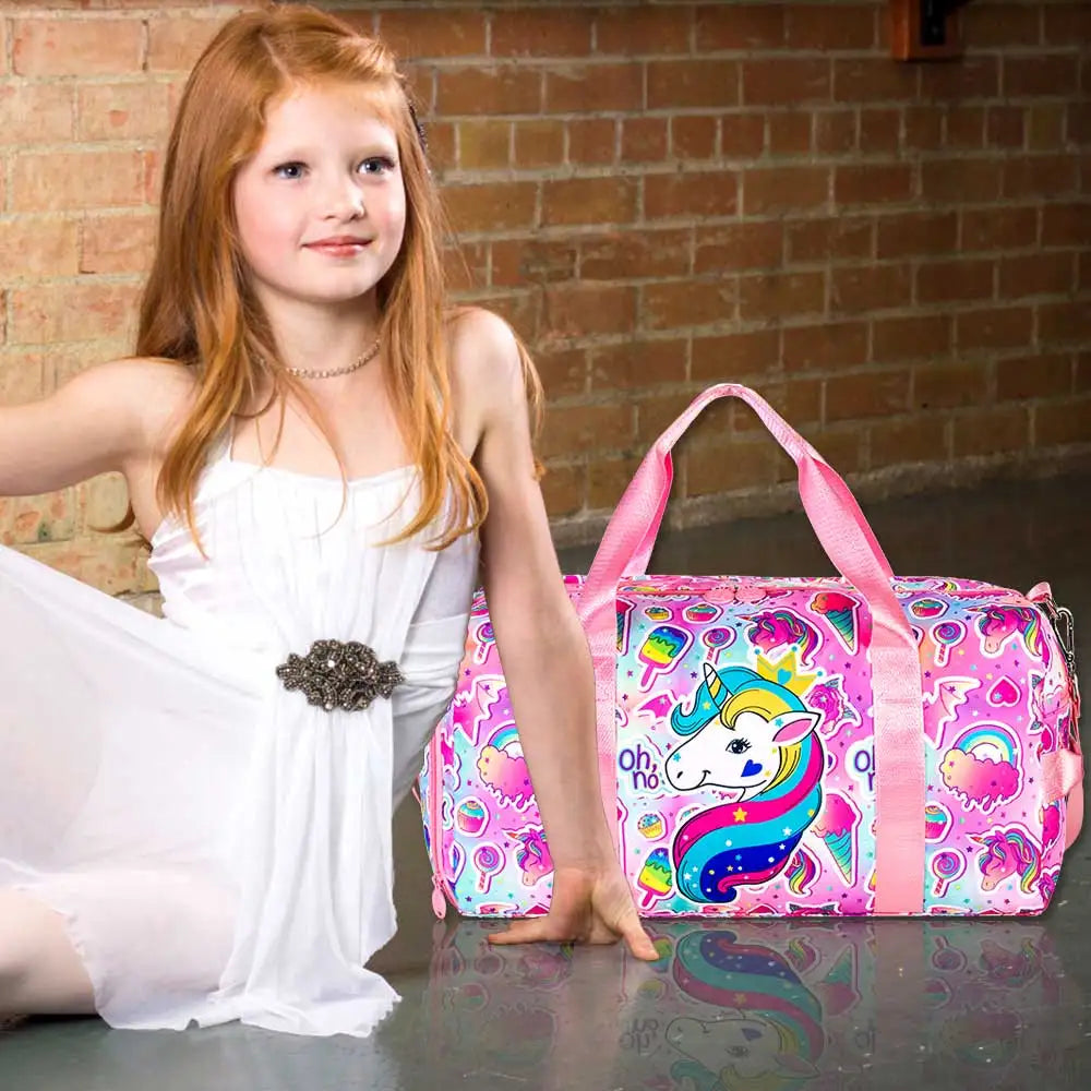 Kids Duffle Bag For Travel With Shoe Compartment Girls Gym Dance Ballet Weekender Overnight Unicorn Rainbow Mermaid Pink Purple